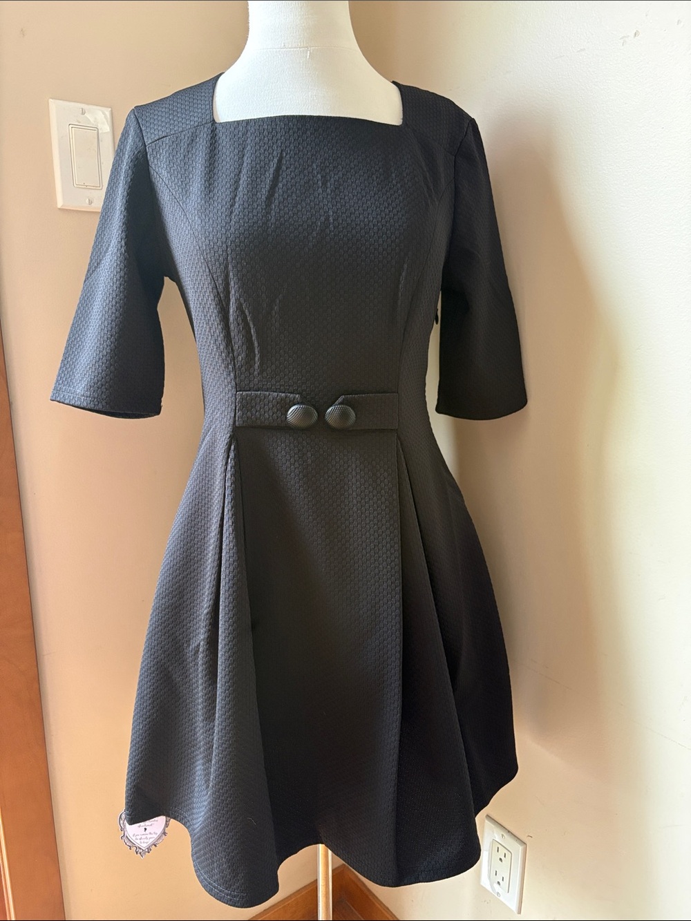 Molly Bracken Black Square-Neck Fit & Flare Mini Dress with Button Waist Tab